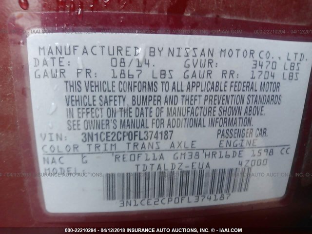 3N1CE2CP0FL374187 - 2015 NISSAN VERSA NOTE S/S PLUS/SV/SL/SR RED photo 9