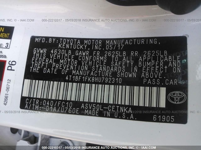 4T1BF1FK8HU792310 - 2017 TOYOTA CAMRY LE/XLE/SE/XSE Blanc photo 9