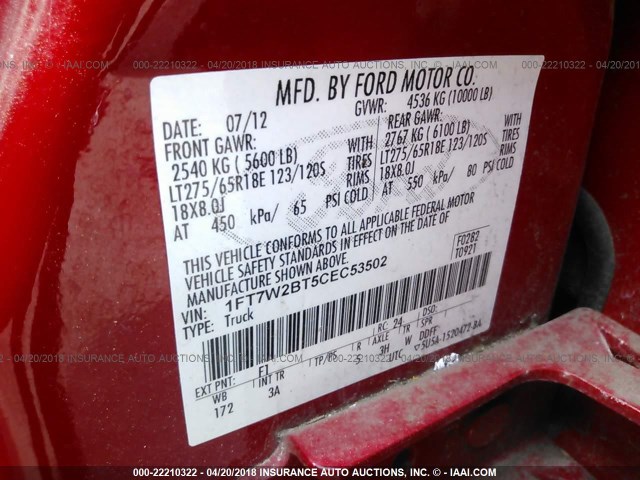 1FT7W2BT5CEC53502 - 2012 FORD F250 SUPER DUTY RED photo 9
