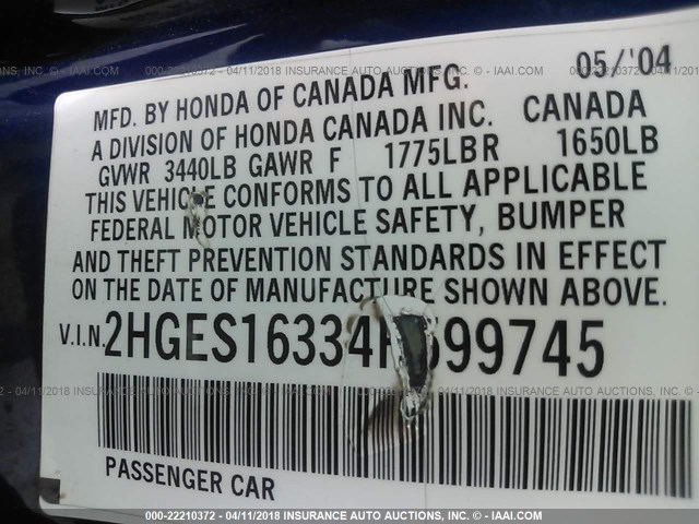2HGES16334H599745 - 2004 HONDA CIVIC DX VP BLUE photo 9