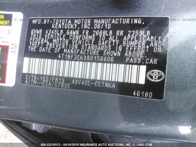 4T1BF3EKXBU156606 - 2011 TOYOTA CAMRY SE/LE/XLE GRAY photo 9