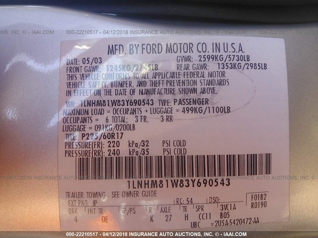 1LNHM81W83Y690543 - 2003 LINCOLN TOWN CAR EXECUTIVE Серебристый фото 9