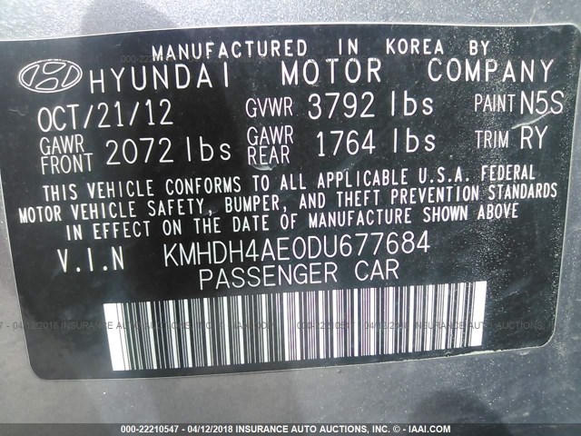 KMHDH4AE0DU677684 - 2013 HYUNDAI ELANTRA GLS/LIMITED SILVER photo 9