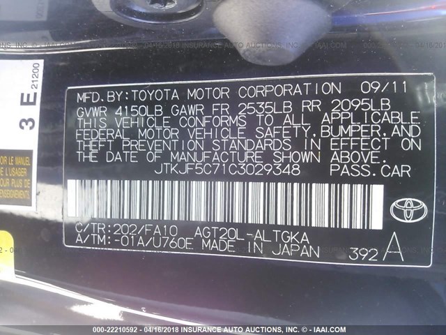 JTKJF5C71C3029348 - 2012 TOYOTA SCION TC 黑色 照片 9