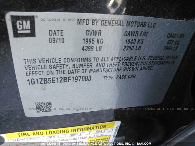 1G1ZB5E12BF197083 - 2011 CHEVROLET MALIBU LS შავი ფოტო 9