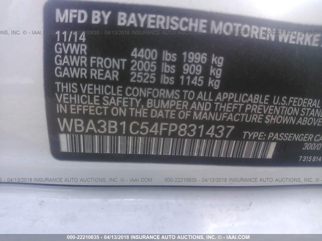 WBA3B1C54FP831437 - 2015 BMW 320 I WHITE photo 9