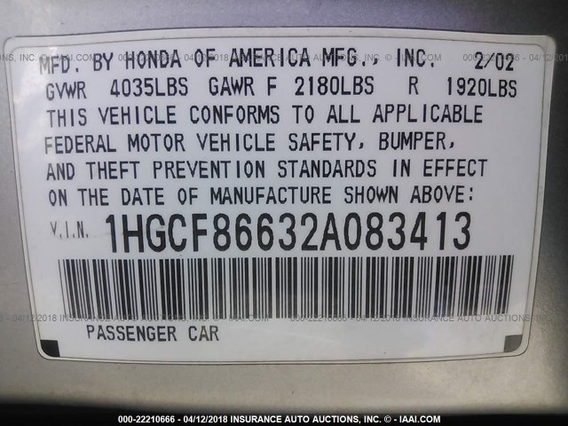 1HGCF86632A083413 - 2002 HONDA ACCORD VALUE SILVER photo 9