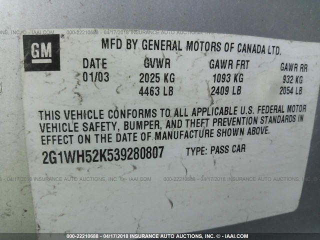 2G1WH52K539280807 - 2003 CHEVROLET IMPALA LS ვერცხლისფერი ფოტო 9