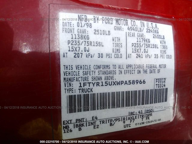 1FTYR15UXWPA58966 - 1998 FORD RANGER SUPER CAB RED photo 9