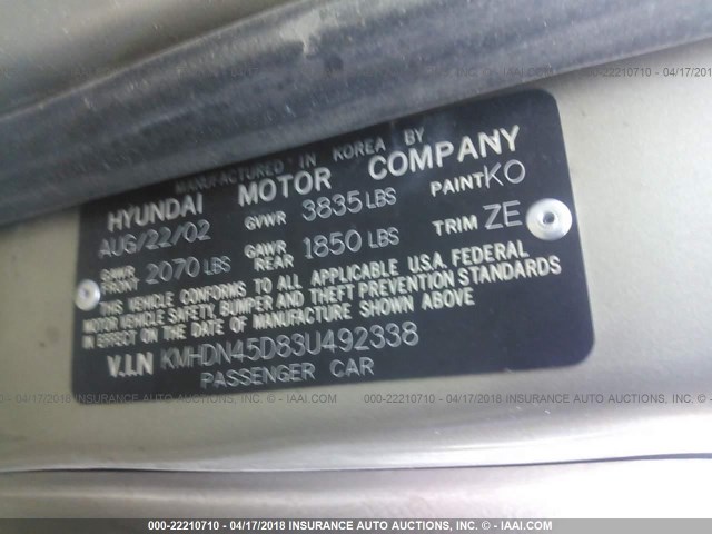 KMHDN45D83U492338 - 2003 HYUNDAI ELANTRA GLS/GT GRAY photo 9