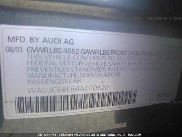 WAUJC68E64A070520 - 2004 AUDI A4 1.8T GRAY photo 9