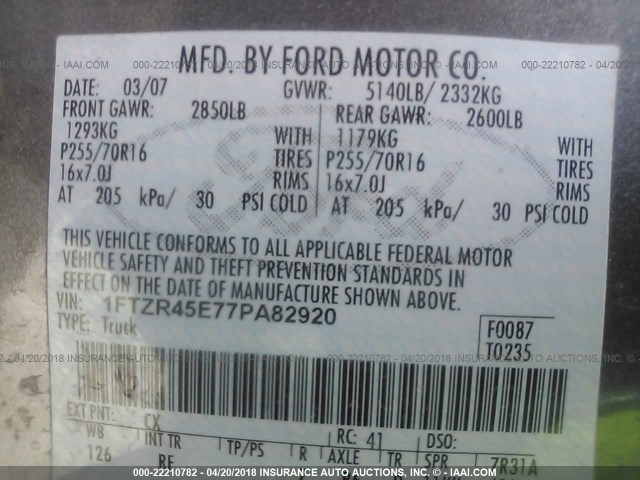 1FTZR45E77PA82920 - 2007 FORD RANGER SUPER CAB GRAY photo 9