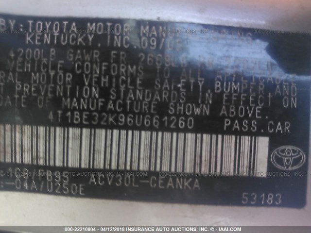 4T1BE32K96U661260 - 2006 TOYOTA CAMRY LE/XLE/SE ვერცხლისფერი ფოტო 9