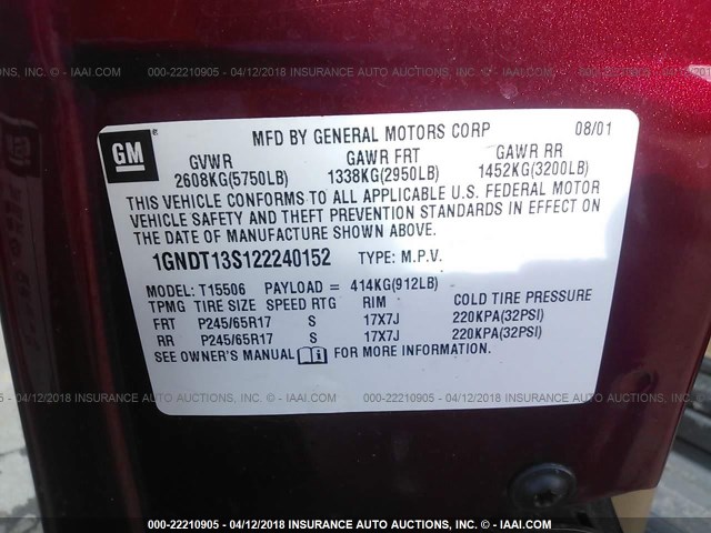 1GNDT13S122240152 - 2002 CHEVROLET TRAILBLAZER  RED photo 9