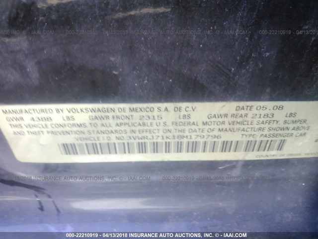 3VWRJ71K18M179796 - 2008 VOLKSWAGEN JETTA WOLFSBURG 黑色 照片 9