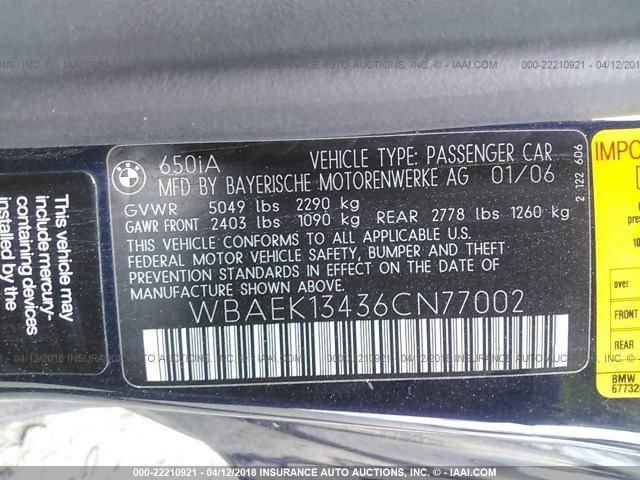 WBAEK13436CN77002 - 2006 BMW 650 I BLUE photo 9