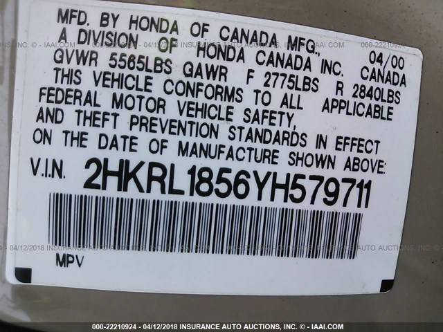 2HKRL1856YH579711 - 2000 HONDA ODYSSEY LX BEIGE photo 9