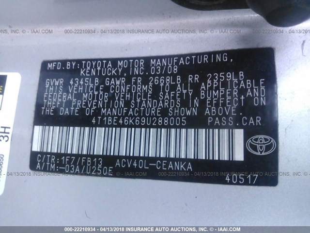 4T1BE46K69U288005 - 2009 TOYOTA CAMRY SE/LE/XLE SILVER photo 9