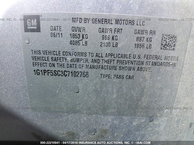 1G1PF5SC3C7102768 - 2012 CHEVROLET CRUZE LT SILVER photo 9