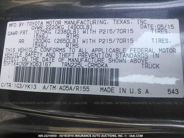 5TFTX4CN9FX063167 - 2015 TOYOTA TACOMA ACCESS CAB Grau Foto 9