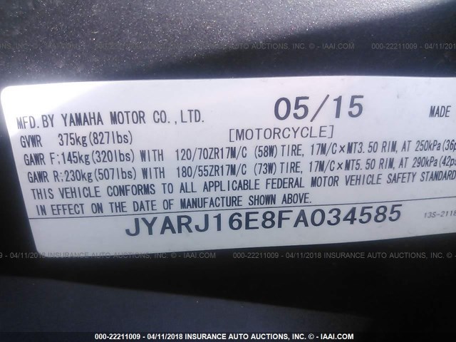 JYARJ16E8FA034585 - 2015 YAMAHA YZFR6 BLUE photo 10