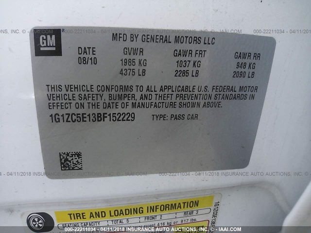 1G1ZC5E13BF152229 - 2011 CHEVROLET MALIBU 1LT 白色 照片 9