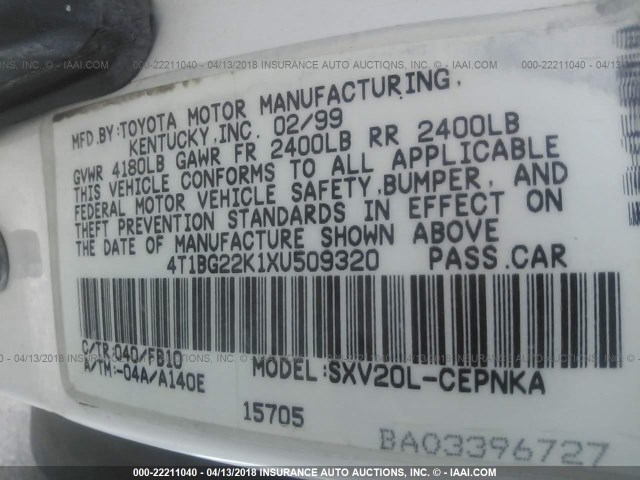 4T1BG22K1XU509320 - 1999 TOYOTA CAMRY CE/LE/XLE 白色 照片 9