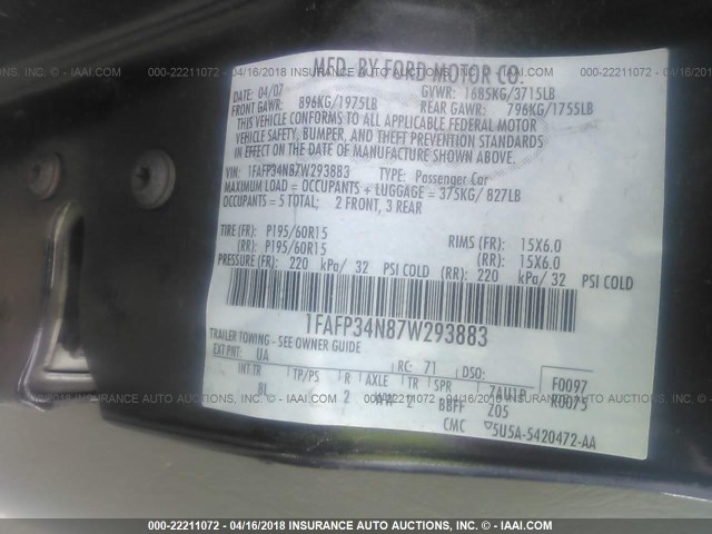 1FAFP34N87W293883 - 2007 FORD FOCUS ZX4/S/SE/SES BLACK photo 9