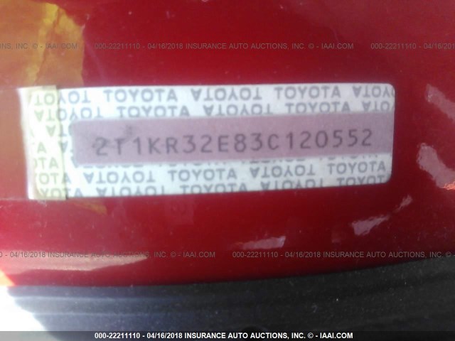 2T1KR32E83C120552 - 2003 TOYOTA COROLLA MATRIX XR RED photo 9