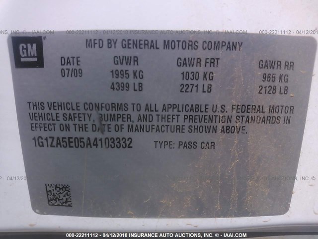 1G1ZA5E05A4103332 - 2010 CHEVROLET MALIBU LS 白色 照片 9