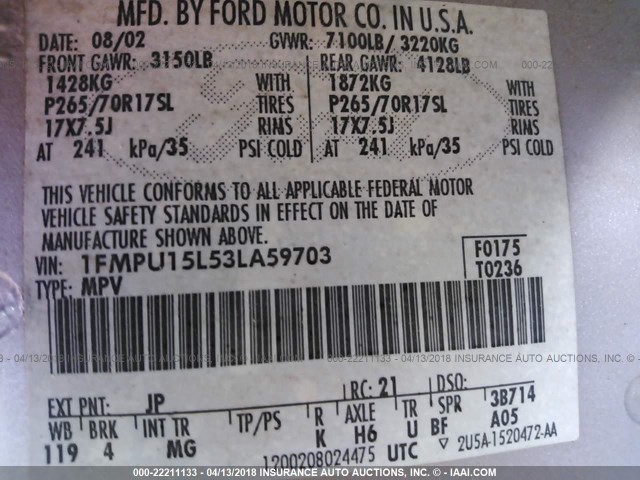 1FMPU15L53LA59703 - 2003 FORD EXPEDITION XLT ვერცხლისფერი ფოტო 9