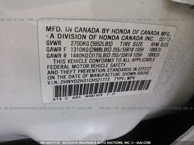 2HNYD2H31CH521773 - 2012 ACURA MDX TECHNOLOGY WHITE photo 9
