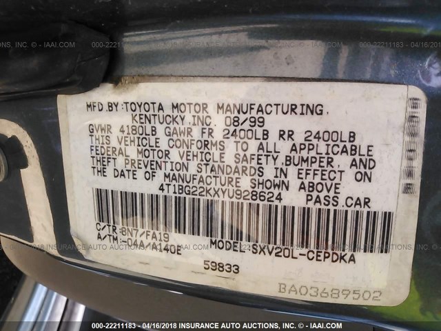 4T1BG22KXYU928624 - 2000 TOYOTA CAMRY CE/LE/XLE 浅蓝色 照片 9