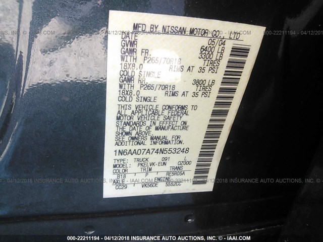 1N6AA07A74N553248 - 2004 NISSAN TITAN XE/SE/LE GREEN photo 9