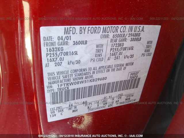 1FTRW08W51KB29680 - 2001 FORD F150 SUPERCREW RED photo 9