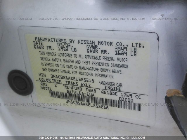 3N1CB51AX2L555218 - 2002 NISSAN SENTRA GXE WHITE photo 9