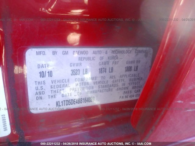 KL1TD5DE4BB164029 - 2011 CHEVROLET AVEO LS/LT 红色 照片 9