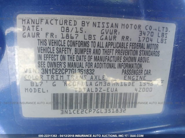 3N1CE2CP7GL351832 - 2016 NISSAN VERSA NOTE S/S PLUS/SV/SL/SR BLUE photo 9