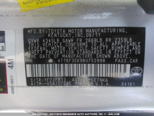 4T1BF3EK9BU752998 - 2011 TOYOTA CAMRY SE/LE/XLE SILVER photo 9