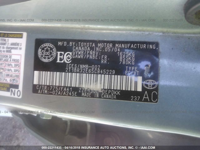 2T1BR32E65C845229 - 2005 TOYOTA COROLLA CE/LE/S Light Blue photo 9