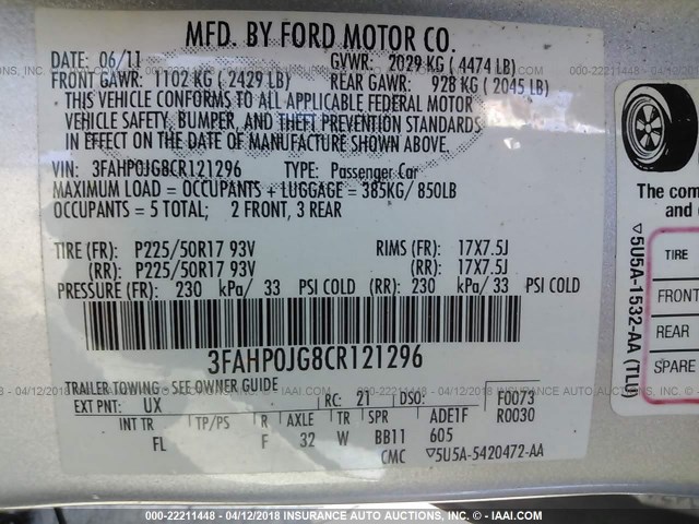 3FAHP0JG8CR121296 - 2012 FORD FUSION SEL SILVER photo 9