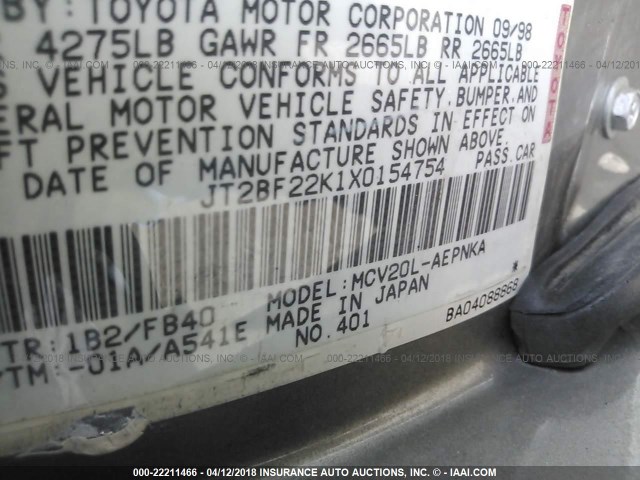 JT2BF22K1X0154754 - 1999 TOYOTA CAMRY LE/XLE GOLD photo 9