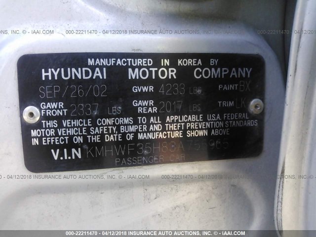 KMHWF35H83A755965 - 2003 HYUNDAI SONATA GLS/LX SILVER photo 9