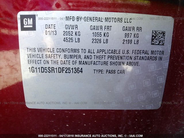 1G11D5SR1DF251364 - 2013 CHEVROLET MALIBU 1LT 红色 照片 9