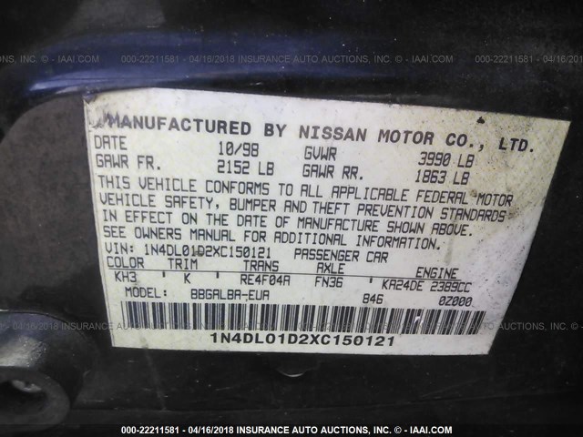 1N4DL01D2XC150121 - 1999 NISSAN ALTIMA XE/GXE/SE/GLE BLACK photo 9