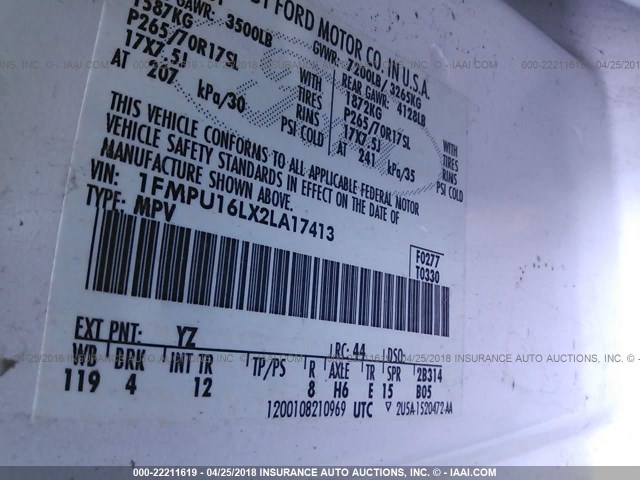 1FMPU16LX2LA17413 - 2002 FORD EXPEDITION XLT თეთრი ფოტო 9