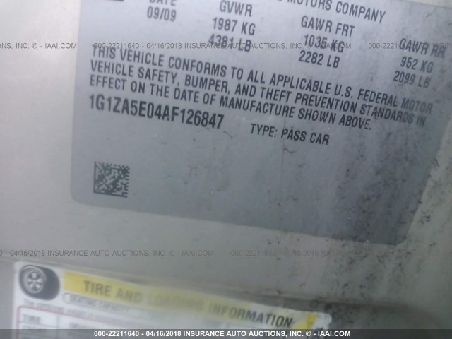 1G1ZA5E04AF126847 - 2010 CHEVROLET MALIBU LS 金色 照片 9