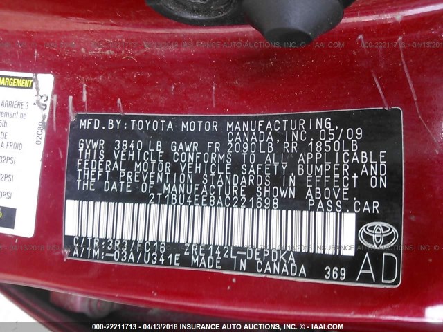 2T1BU4EE8AC221698 - 2010 TOYOTA COROLLA S/LE/XLE RED photo 9