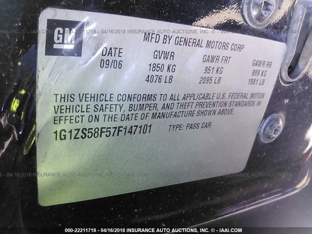 1G1ZS58F57F147101 - 2007 CHEVROLET MALIBU LS შავი ფოტო 9