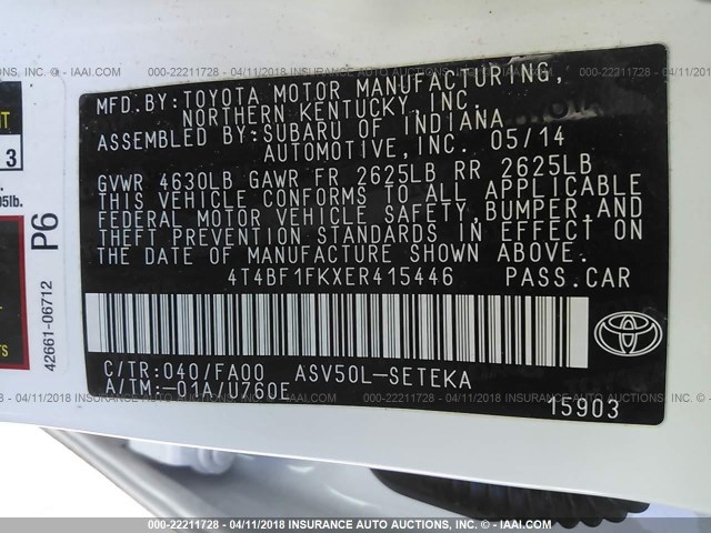 4T4BF1FKXER415446 - 2014 TOYOTA CAMRY L/SE/LE/XLE Ağ foto 9